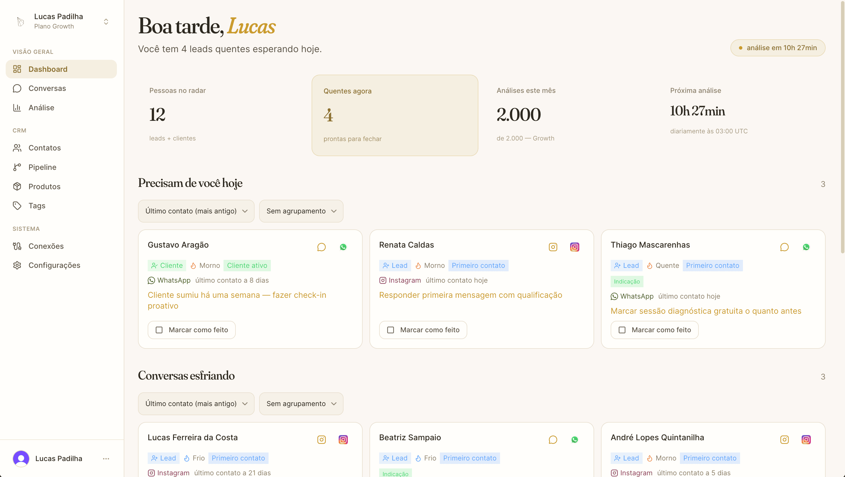 Dashboard do Strutura mostrando análise IA noturna e leads quentes