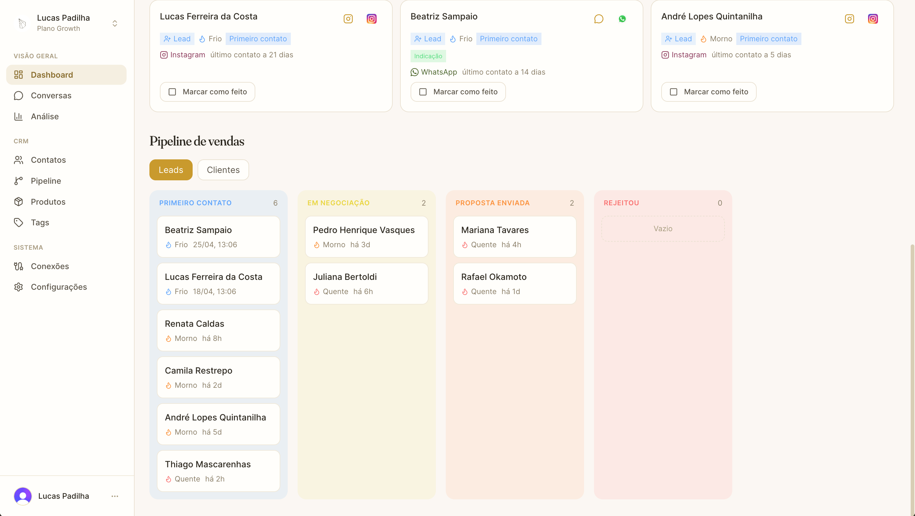 Funil kanban do Strutura com leads organizados por estágio